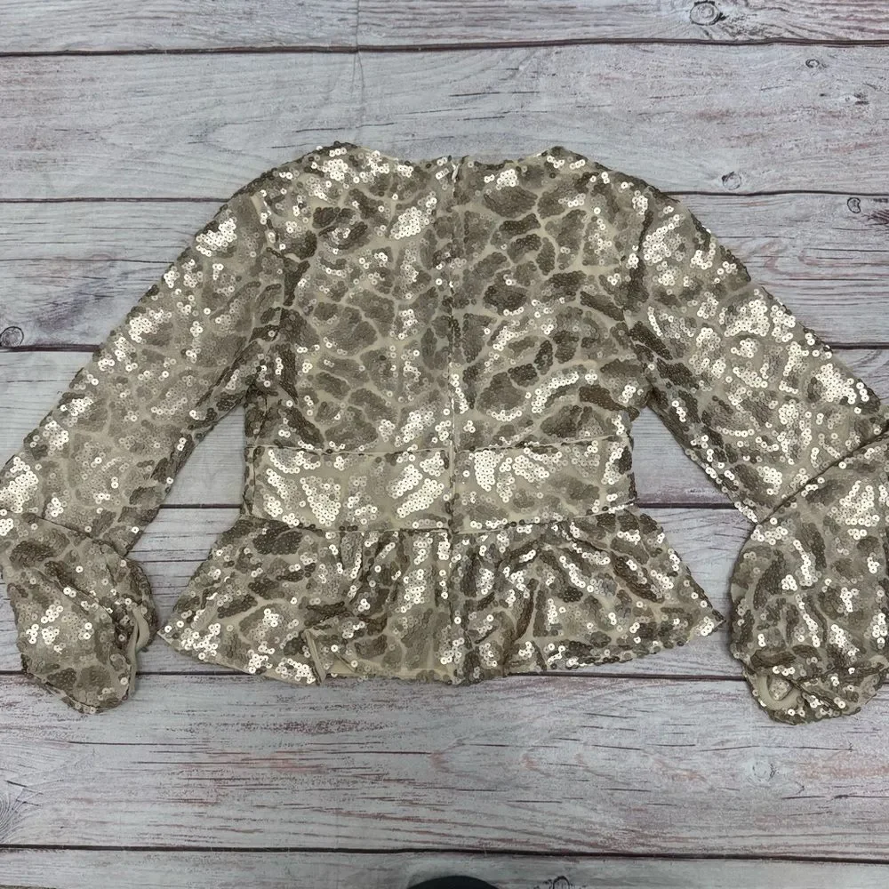 Anthropologie Hutch Champagne Gold Sequin Puff Sleeve Peplum Blouse Size M